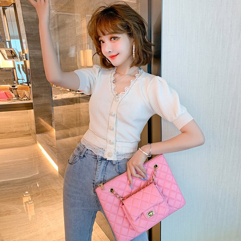 VネックレースショートニットTシャツ オータム 秋物 MIUCO18826560169