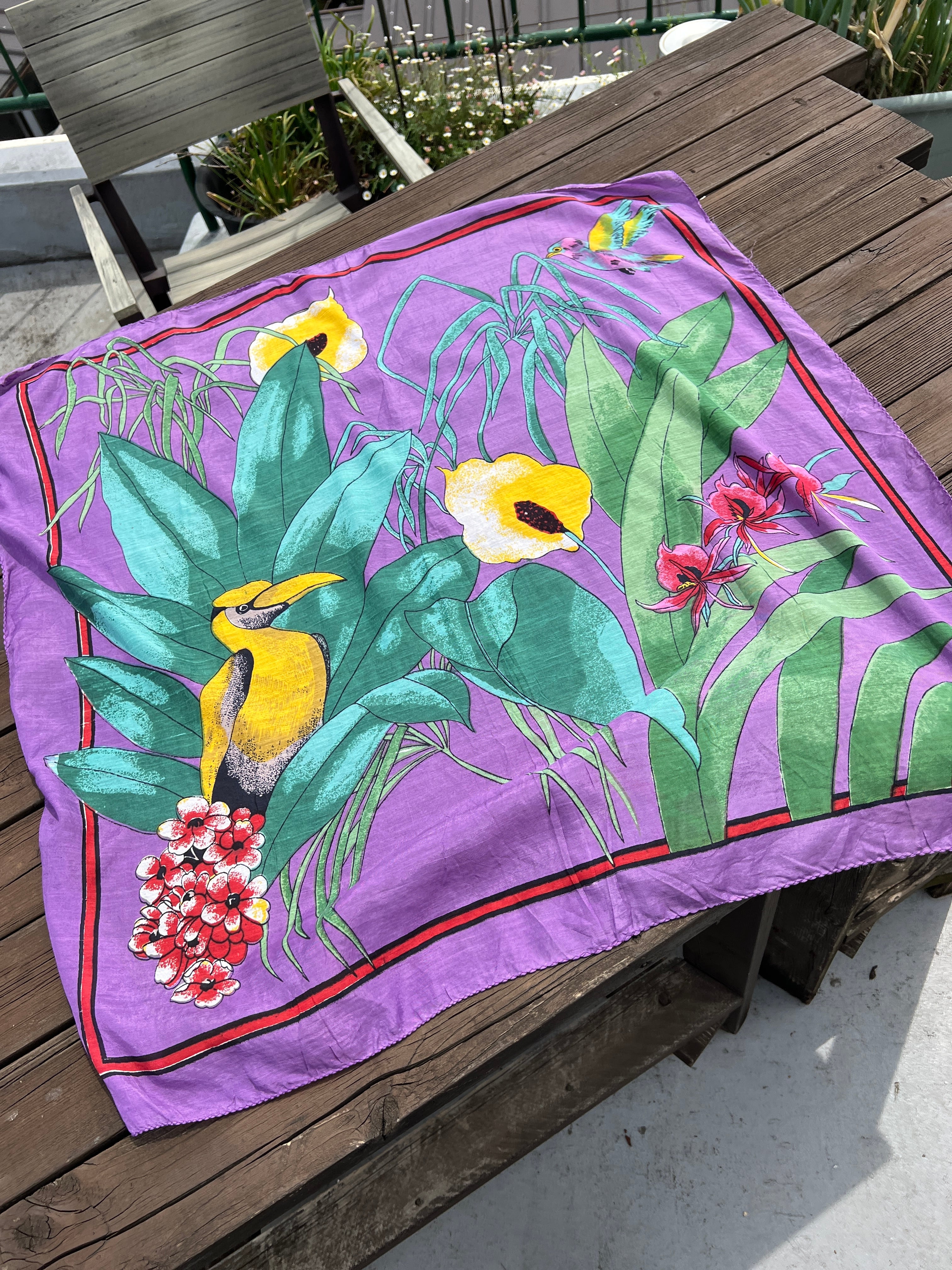 Vintage puple bird tropical poly scarf