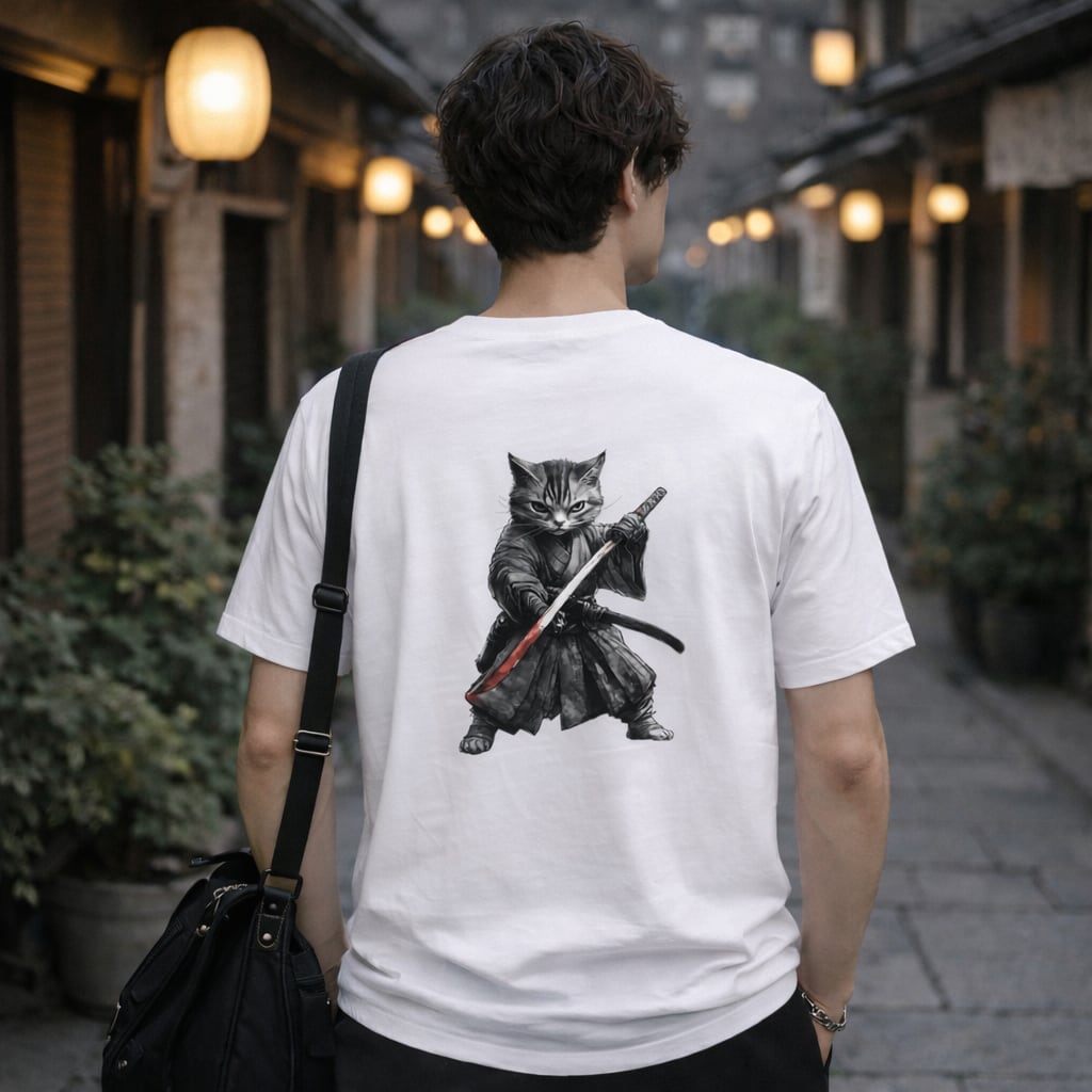 「闘志を纏う侍猫」 Tシャツ 半袖