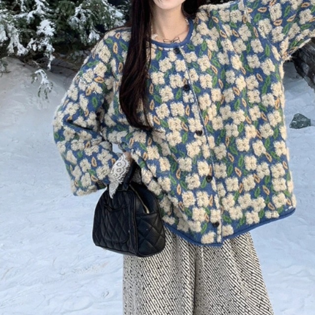 Blue Floral Bouclé Knit Cardigan　S0299