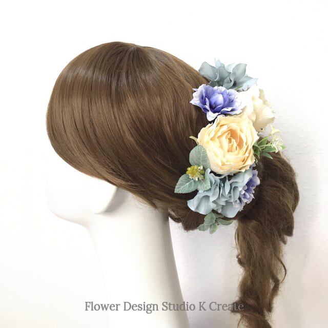 ウェディング・成人式に♡エクリュローズとアッシュブルーの紫陽花のヘッドドレス（14本セット）　ブライダル　花嫁ヘア　結婚式　成人式