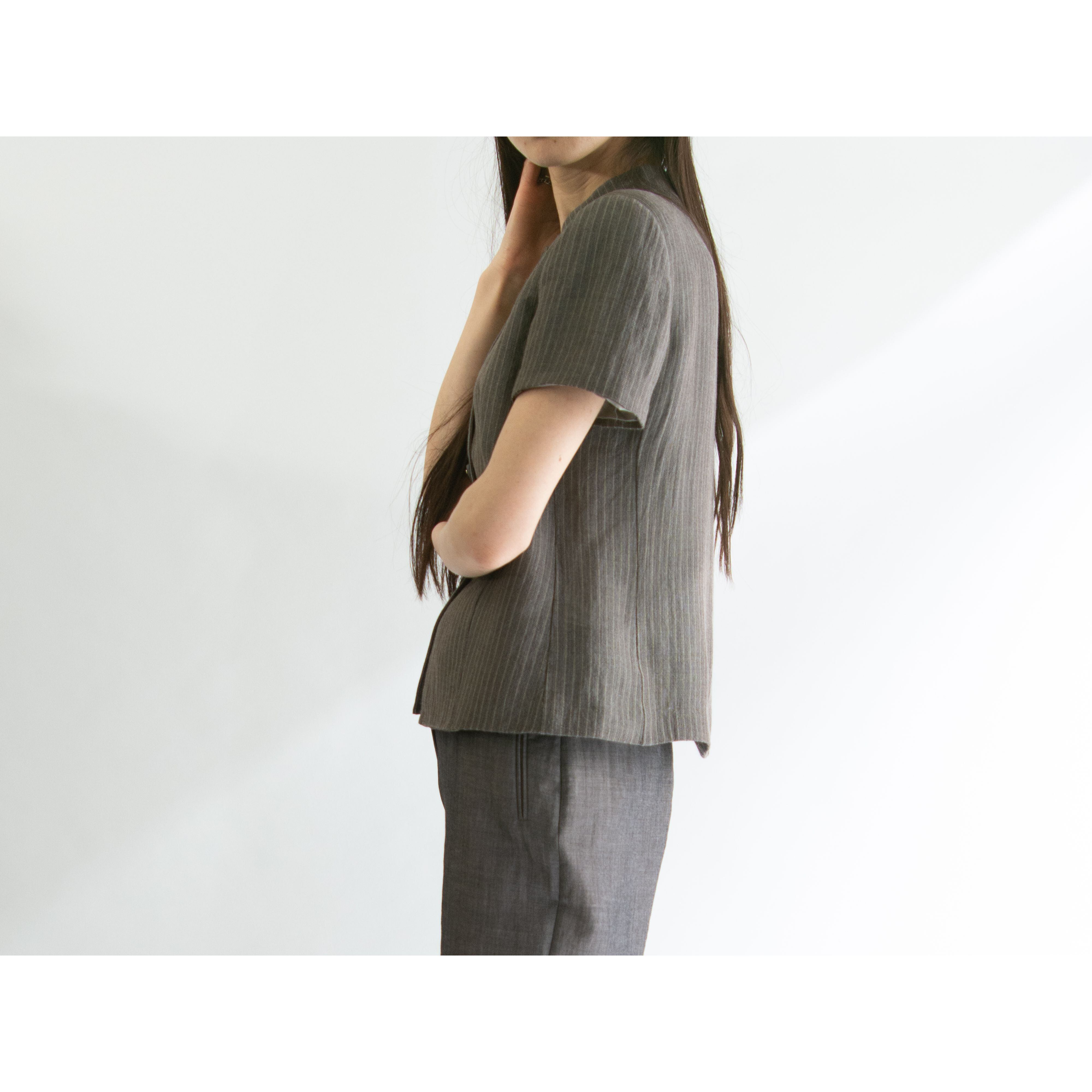 【Unknown brand】Mandarin Collar Jacket（マンダリンカラー半袖ジャケット ストライプ柄）