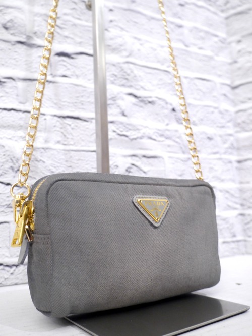 レア◆ PRADA プラダ CANAPA カナパ コットン キャンバス クロスボディ チェーンストラップ ショルダー バッグ カメラ バッグ ポーチ 灰x金