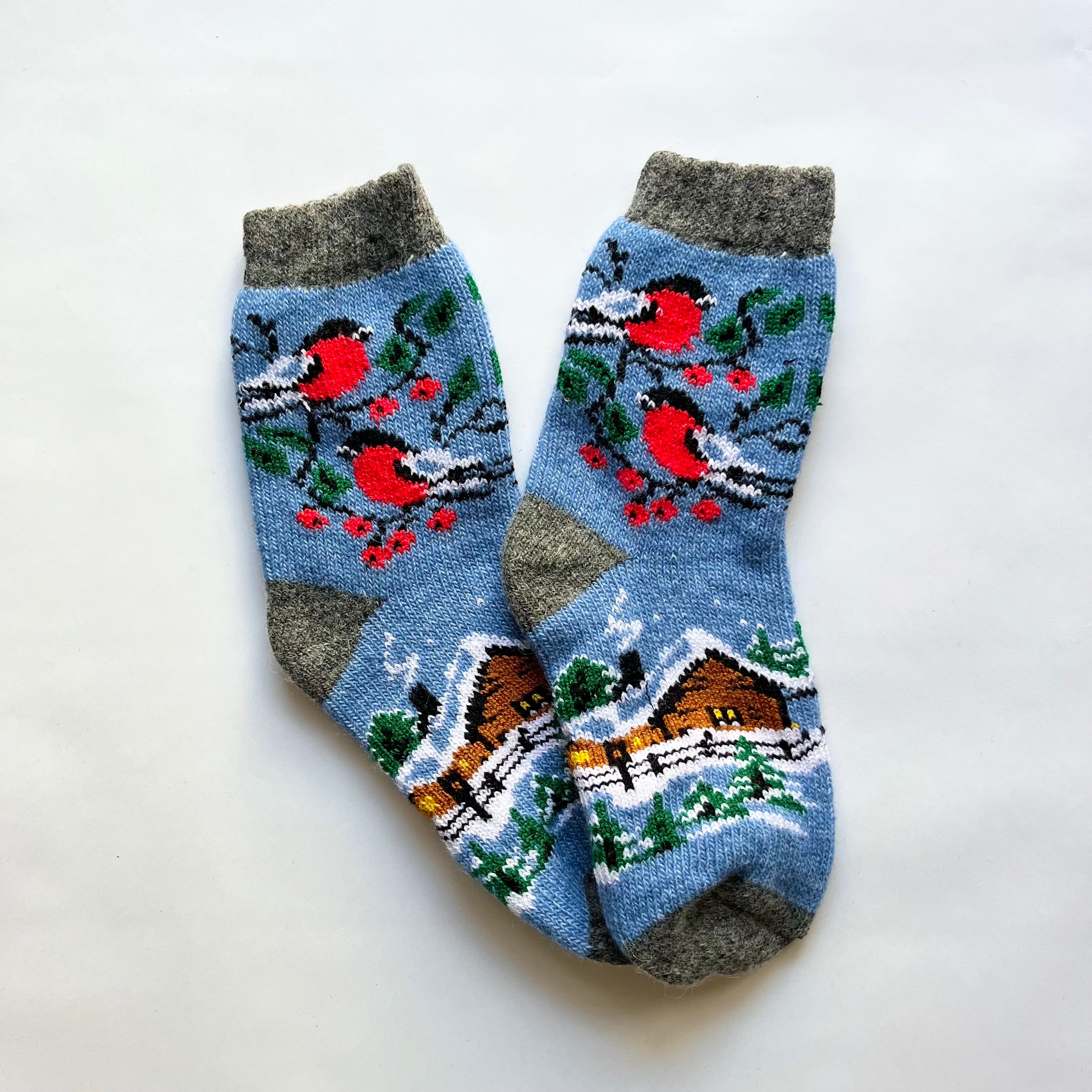 ウクライナ支援/ウールソックス(鳥と村の風景柄)