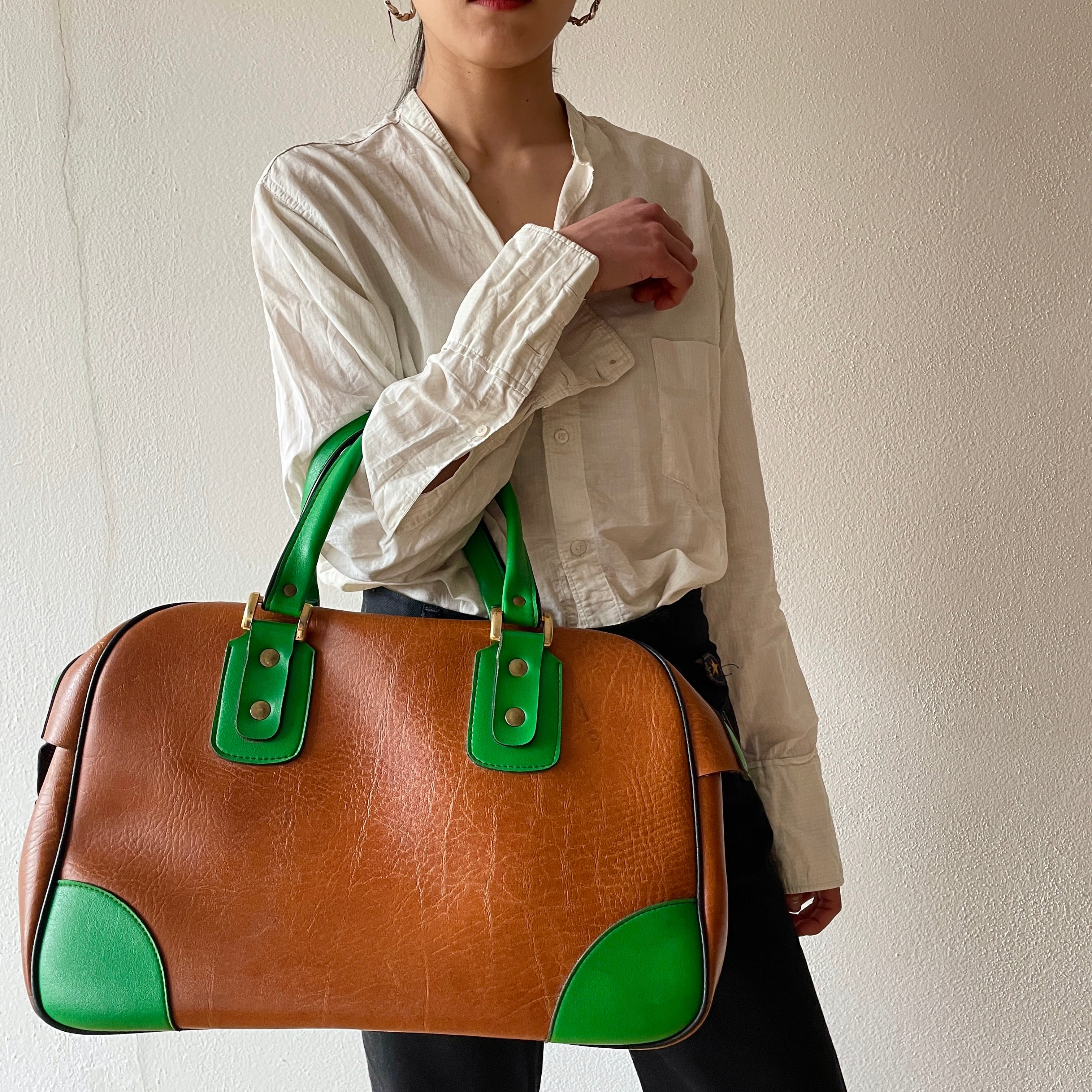 Vintage green and camel leather boston bag ヴィンテージ レザー