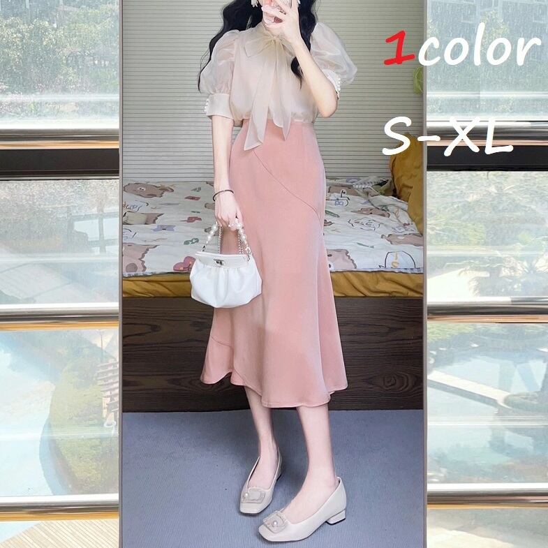 セットアップ レディース 2点セット 半袖 シフォン シャツ リボン パフスリーブ レギュラー丈 マーメイドスカート ロング きれいめ エレガント ピンク 上品 オフィス 仕事 20代 30代 女性 ママ 春 夏 XL 大人 コーデ コーディネート 韓国 ファッション オルチャン お取り寄せ 送料無料 hll-1443