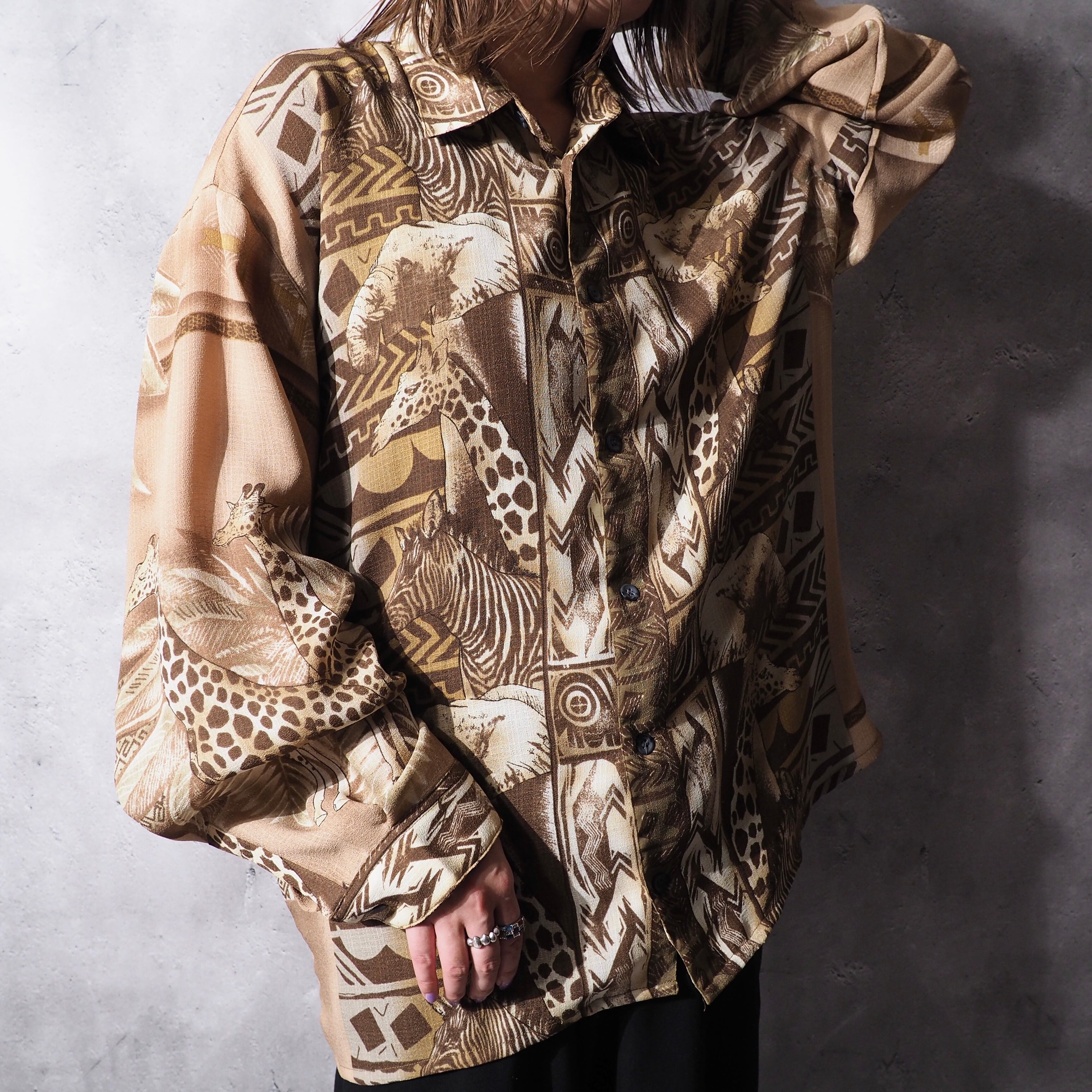 1990s African Sepia animal full pattern Design vintage Drape loose shirt