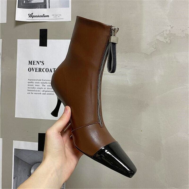 【新作】【送料無料】 カラーマッチングスクエアトゥ女性ハイヒールベージュホワイトメタル装飾ワインglヒールブーツモデルレディースパーティーブーツ 靴 シューズ スクウェア 10b327661008887