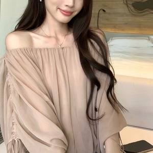 Drawstring Off-shoulder chiffon blouse【H00499】