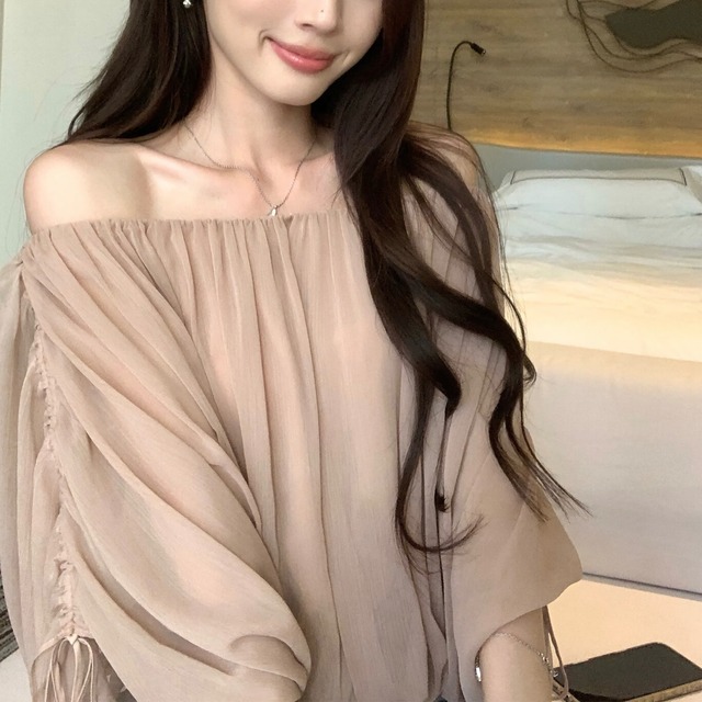 Drawstring Off-shoulder chiffon blouse【H00499】