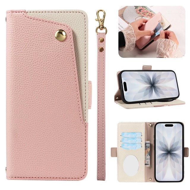 For iPhone 18 Pro ケース 手帳型 MaKaWa アイフォン18 Pro 財布型 鏡 かがみ ミラー付き カードポケット付き あいほん 17 Pro 携帯 カバー いphone 17 Pro 手帳 高級レザー 耐衝撃 全面保護 スタンド機能 ストラップホール付き 女性用 可愛い