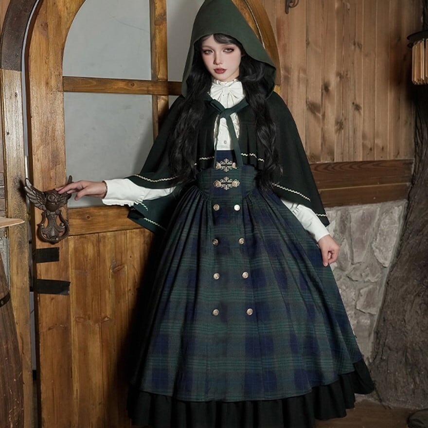 森ガール風 ロリィタ 4点セット ロングスカート チェック柄 秋冬 PUJI