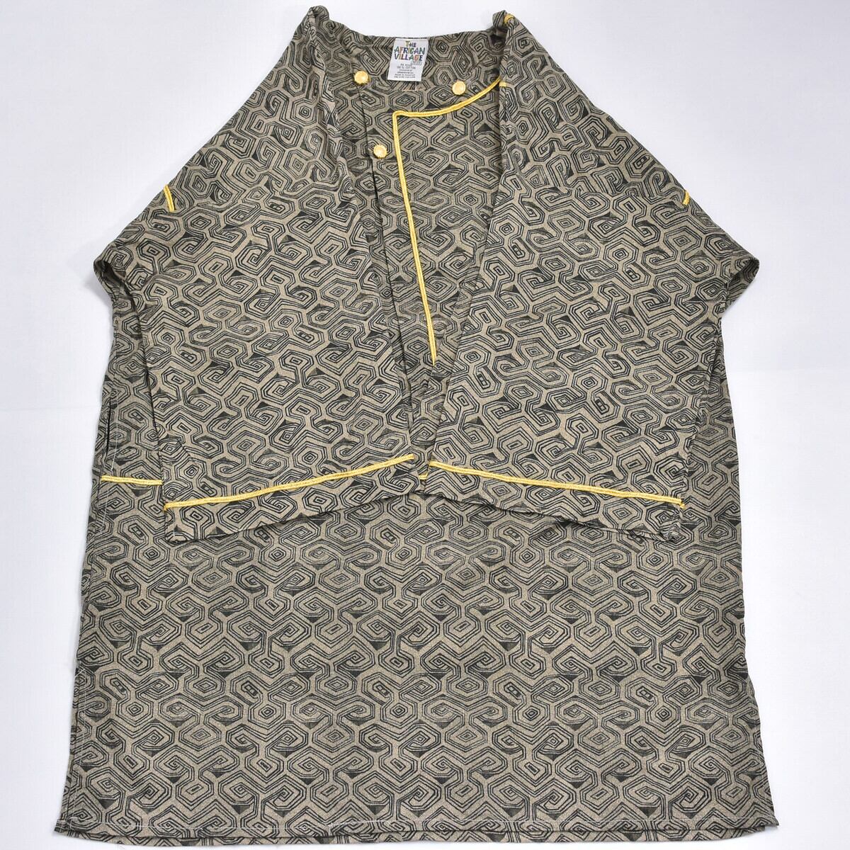 90s　VINTAGE　コットンリネン　アフリカンシャツ　ノーカラー　総柄　紺色 VINTAGE - 90s VINTAGE コットンリネン アフリカンシャツ ノー