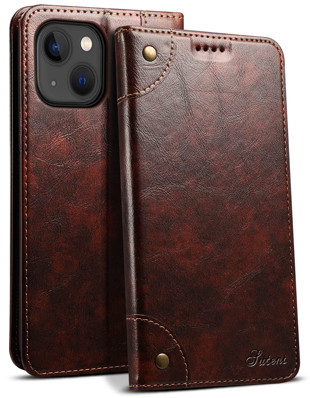 JCGOOD iPhone 13 ケース 手帳型 カード収納 アイフォン13 カバー 手帳 スタンド機能 マグネット式 本革 レザー 財布型 携帯スマホケース軽量 薄型 防塵 耐衝撃保護 ワイヤレス充電対応 アイホン13 6.1用 (iPhone13, ブラウン)
