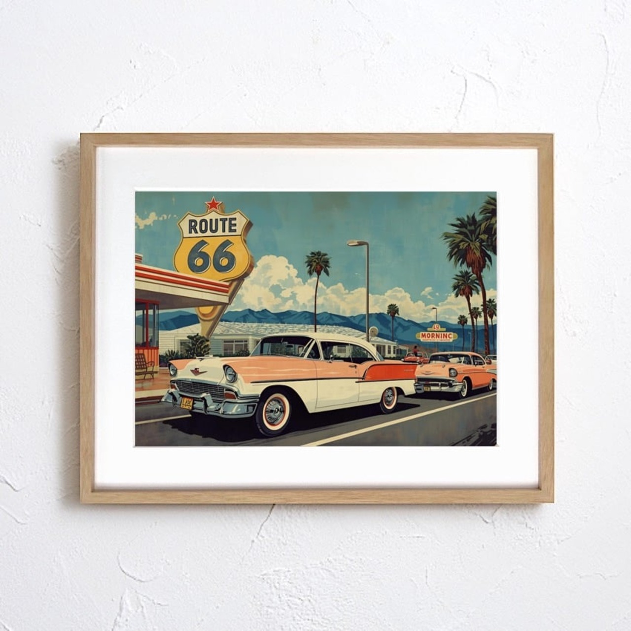 Route 66 Nostalgia｜クラシックカーが走るアメリカンハイウェイを描いたポスター｜懐かしさと自由が響くヴィンテージインテリアA4ポスター
