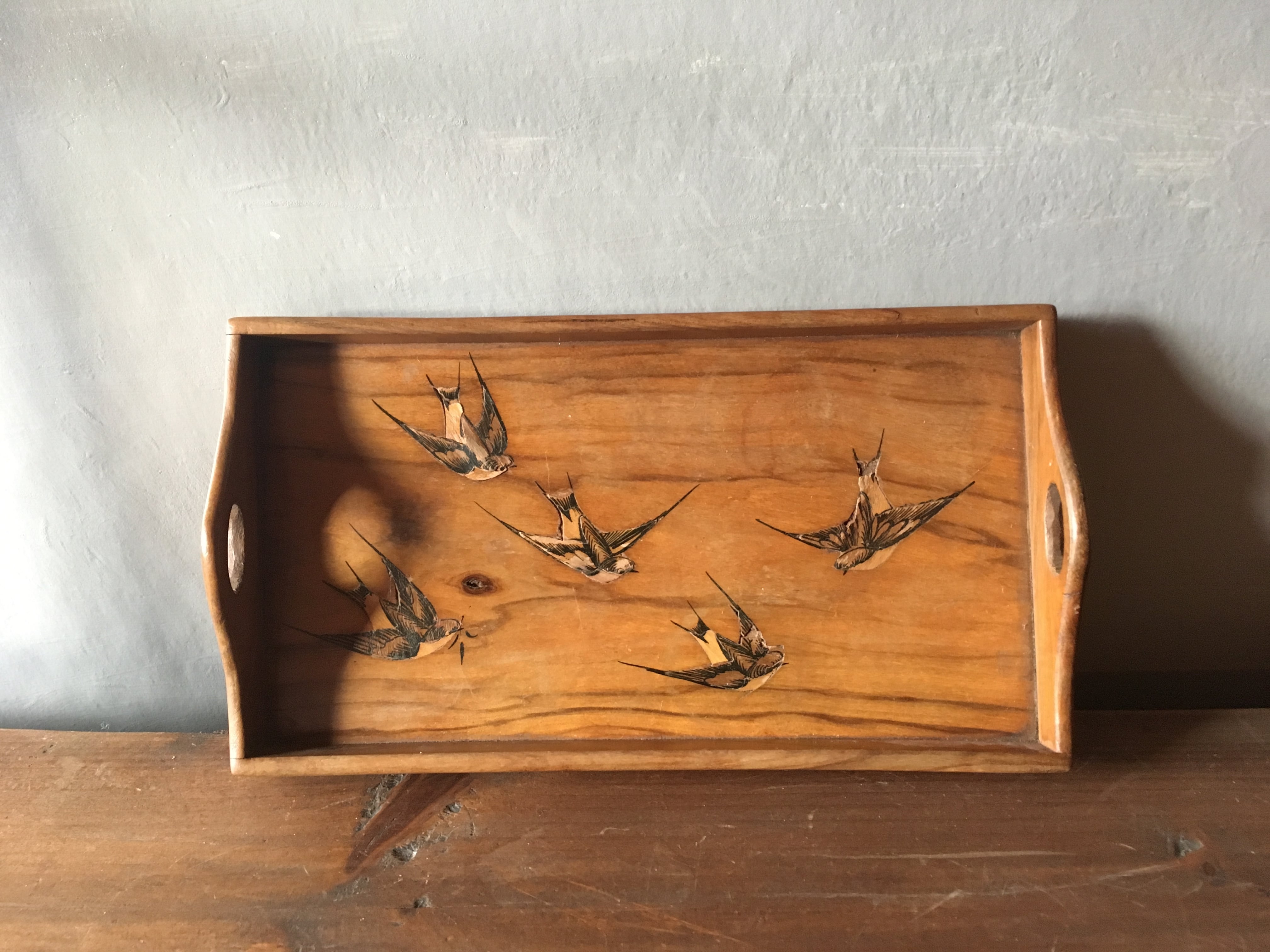 フランスアンティーク ツバメ 木のトレイ