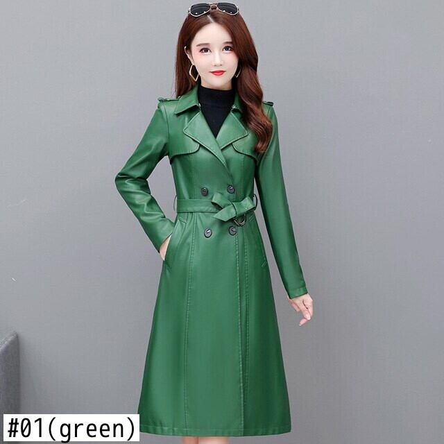秋の革のコートの女性ロンググリーンサッシダブルブレスト拡張革風