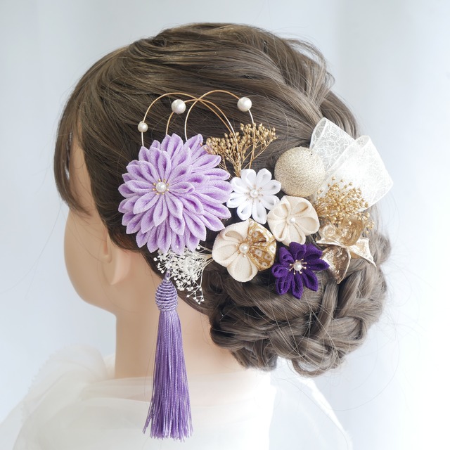 T11 つまみ細工　ドライフラワー　髪飾り　紫　パープル　卒業式　袴　成人式　振袖　結婚式　和装