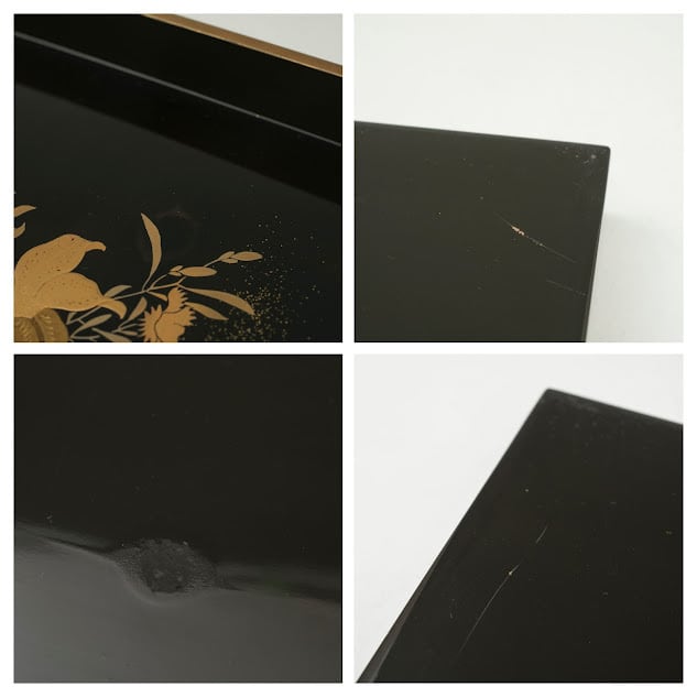 黒塗 草花蒔絵 撫子 百合 秋草 入れ子盆 廣蓋 二点組 四方盆 漆芸 木箱