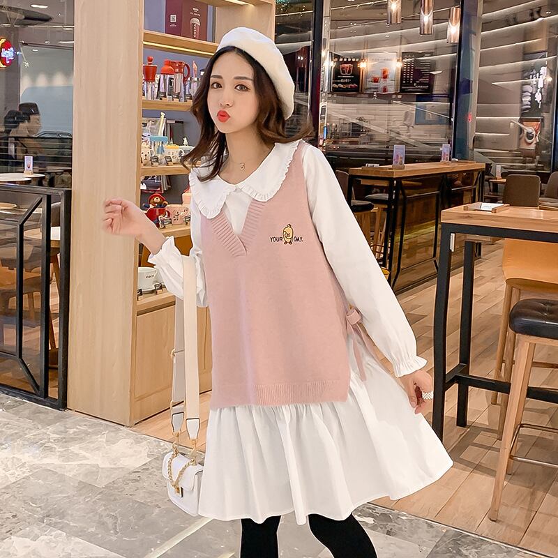 【新作】【送料無料】 マタニティウェア2019秋冬新作ファッションミドル丈ラペルシャツ+ニットチョッキ、ツーピースセット妊婦-アリババ オータム 秋物 ウィンター 冬物 expec221488147029