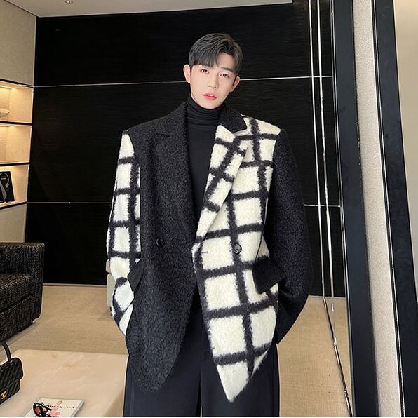 【予約販売】ジャケット 無地 個性的 メンズ ブラック 黒 ボア アシンメトリー チェック柄 ドレスアップ シック こなれ感 お洒落 韓国 トレンド 秋 冬 M/L/XL