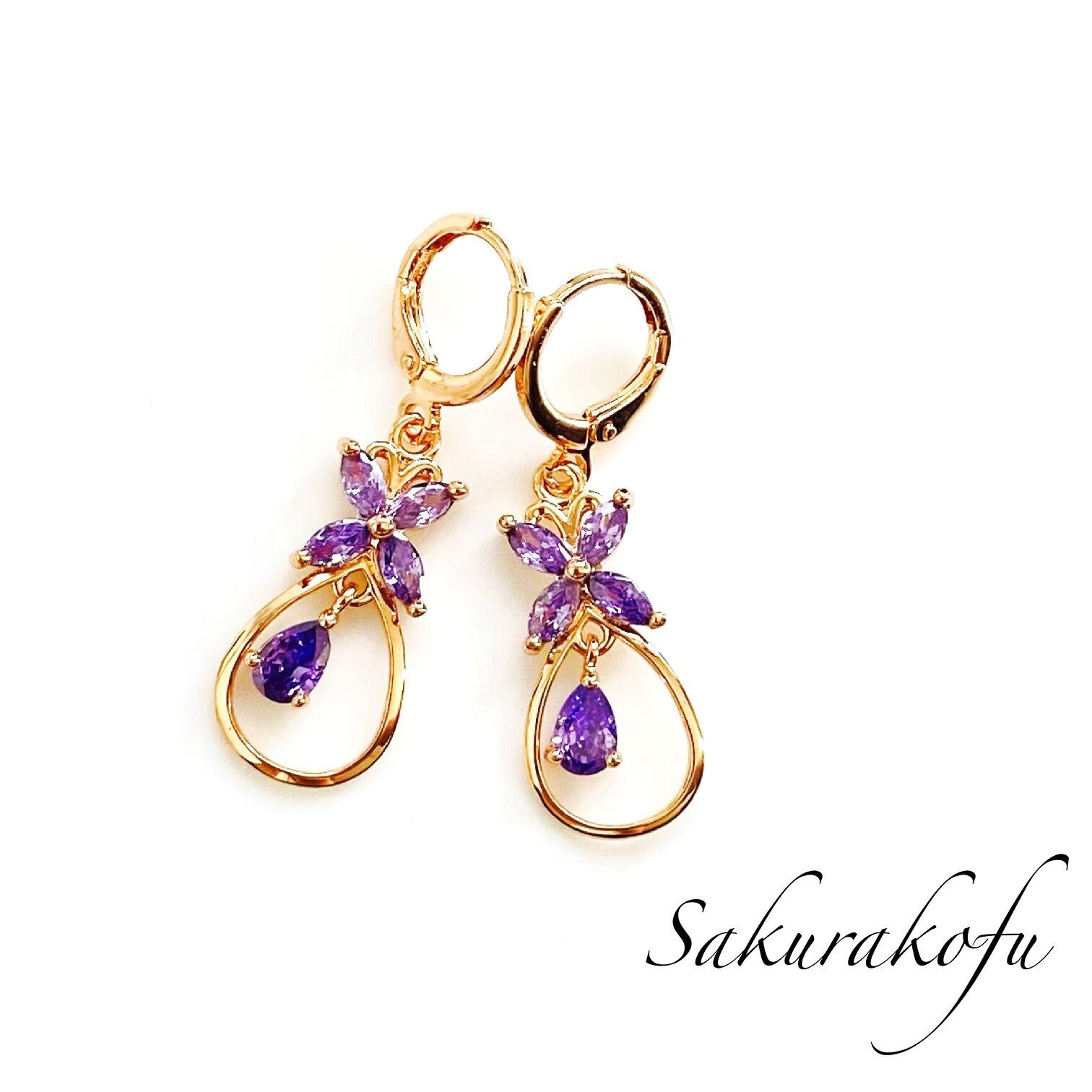 D031 送料無料☆人気 レディース ピアス アメジスト ストーン 揺れるデザイン フープピアス ゴールド