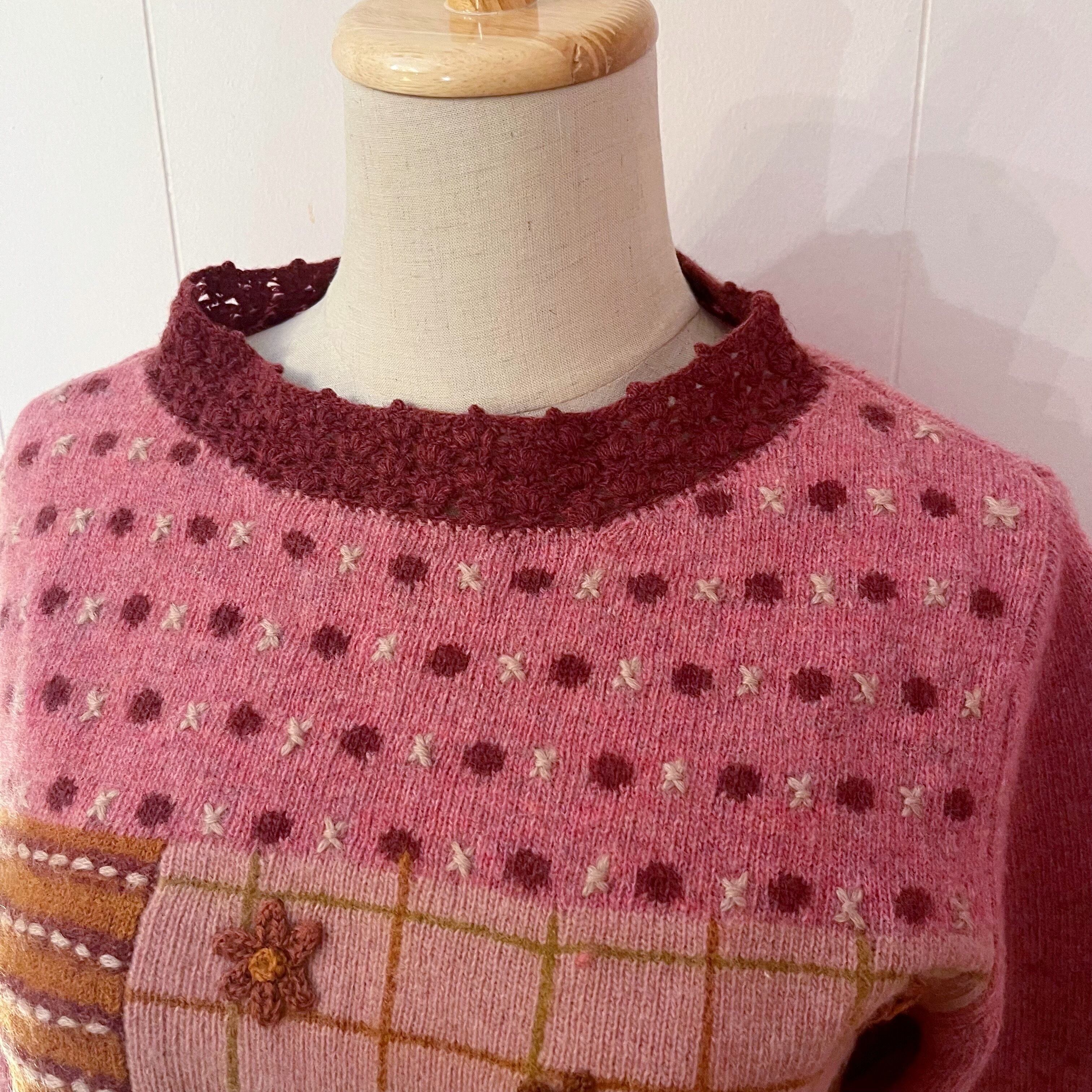 pink flower wool knit sweater