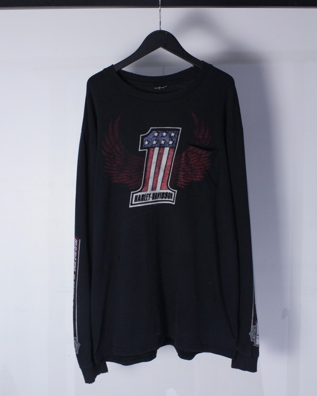 【Caka BLACK】"HARLEY DAVIDSON" Number One Logo Print Design Vintage Loose L/S T-shirt