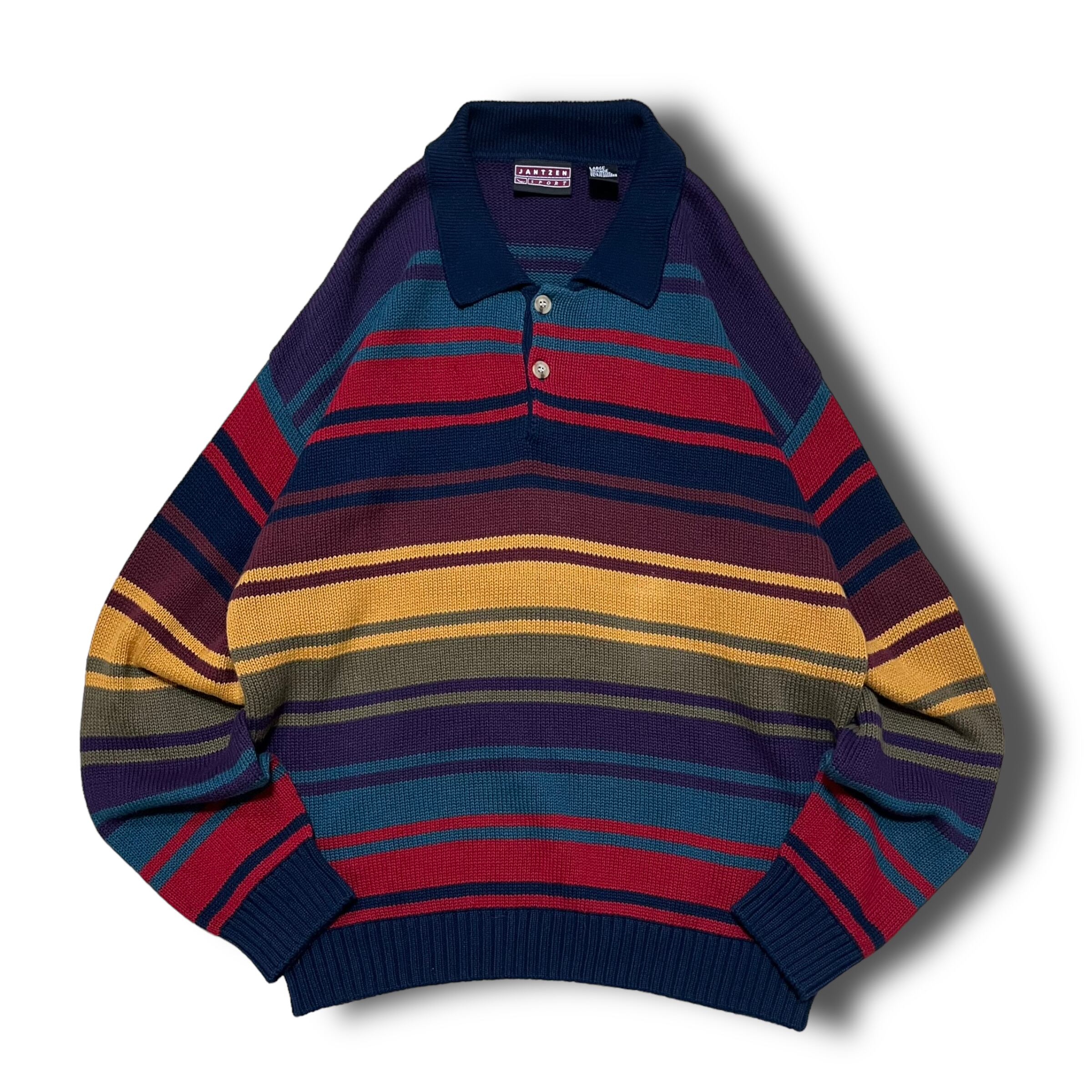 【Used】マルチボーダーコットンニットポロシャツ