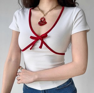 レディース トップス カットソー Tシャツ 半袖 Vネック リボン かわいい シンプル おしゃれ レトロ ラフ ガーリー 存在感 ラブリー キュート ベーシック カントリー アクティブ ロマンティック 無地 春 夏 秋 ロングシーズン 学生 デート お出かけ アウトドア イベント 公園 女子会 休日 ショッピング コンサート ライブ カフェ 韓国 オルチャン 楽ちん プチプラ 普段使い 着回し モテ インスタ映え 定番 S M L XL 小さいサイズ 大きいサイズ 白 ホワイト ベーシックカラー