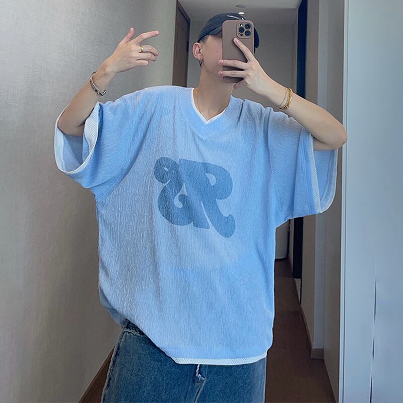 dannyandzeeVネックシワ加工フェイクレイヤード半袖Tシャツ