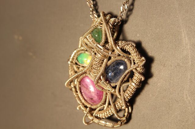 Ruby Kyanite Opal Emerald silver925 wirewrapping pendant