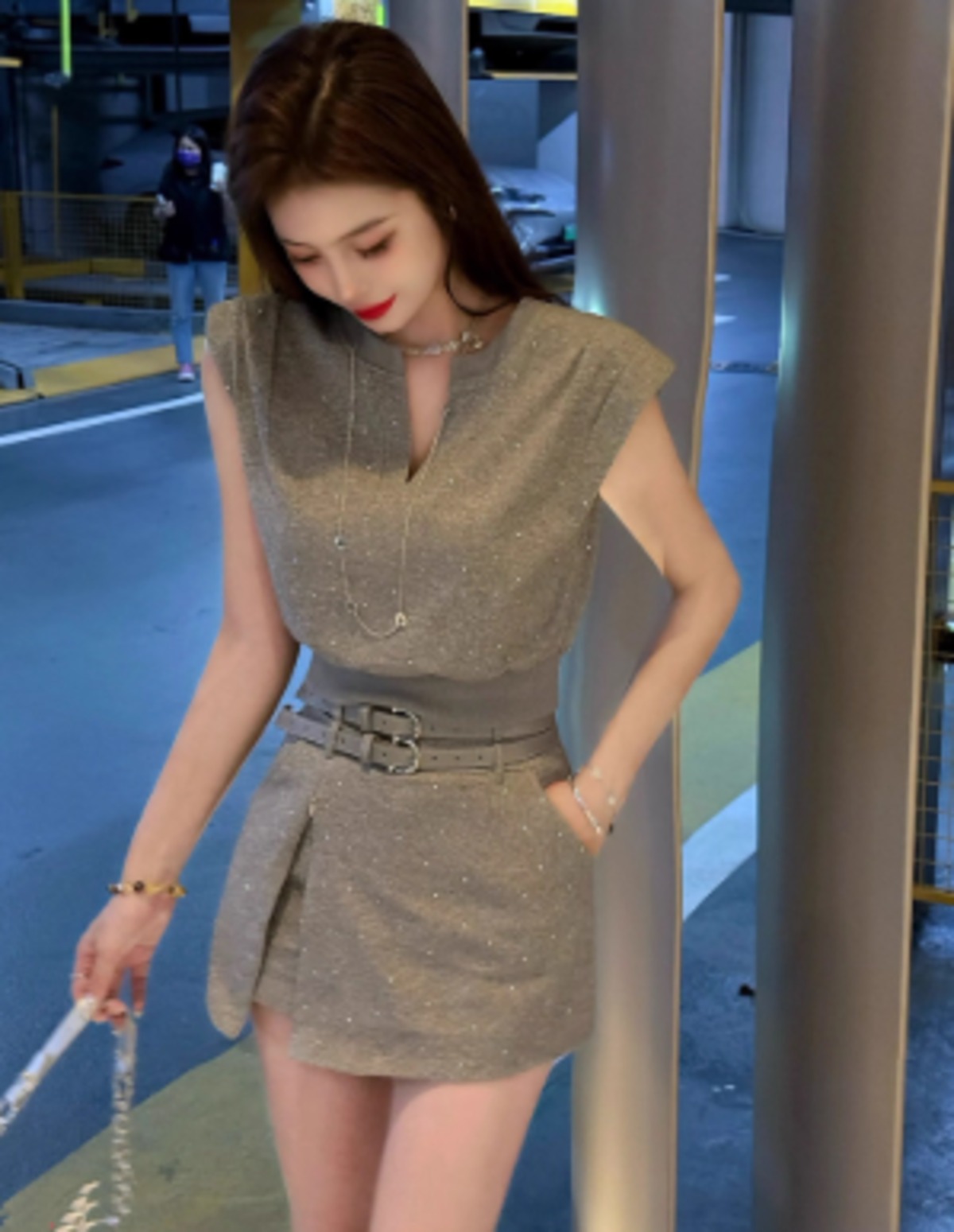 2color キラキラスウェット生地ノースリーブトップス＋ミニスカ