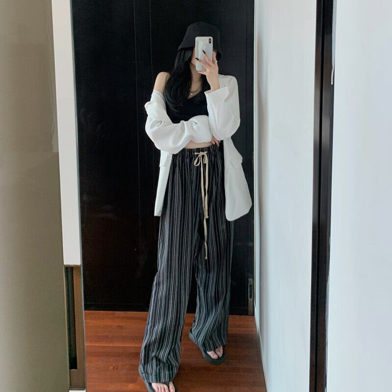 スタンダードギャザーストライプカジュアルパンツ オータムハイウェストルーズ レトロ 秋物 ガールズファッション67871891886