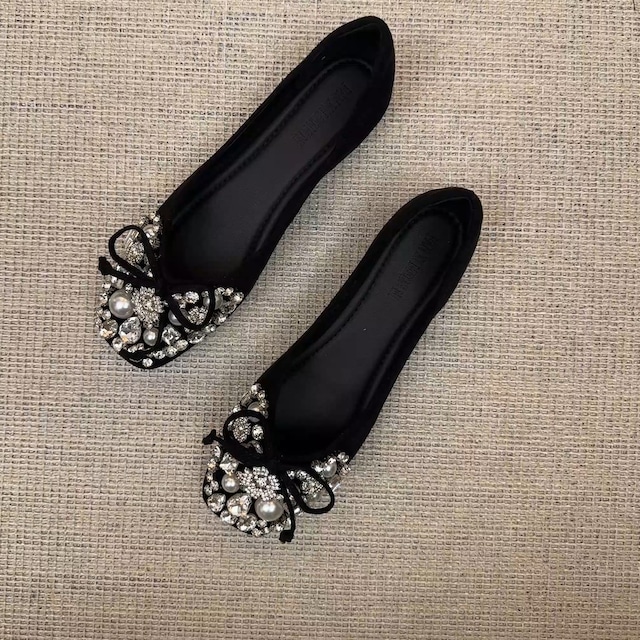 square toe flats black rhinestone comfort work shoes（3color）＜s3291＞