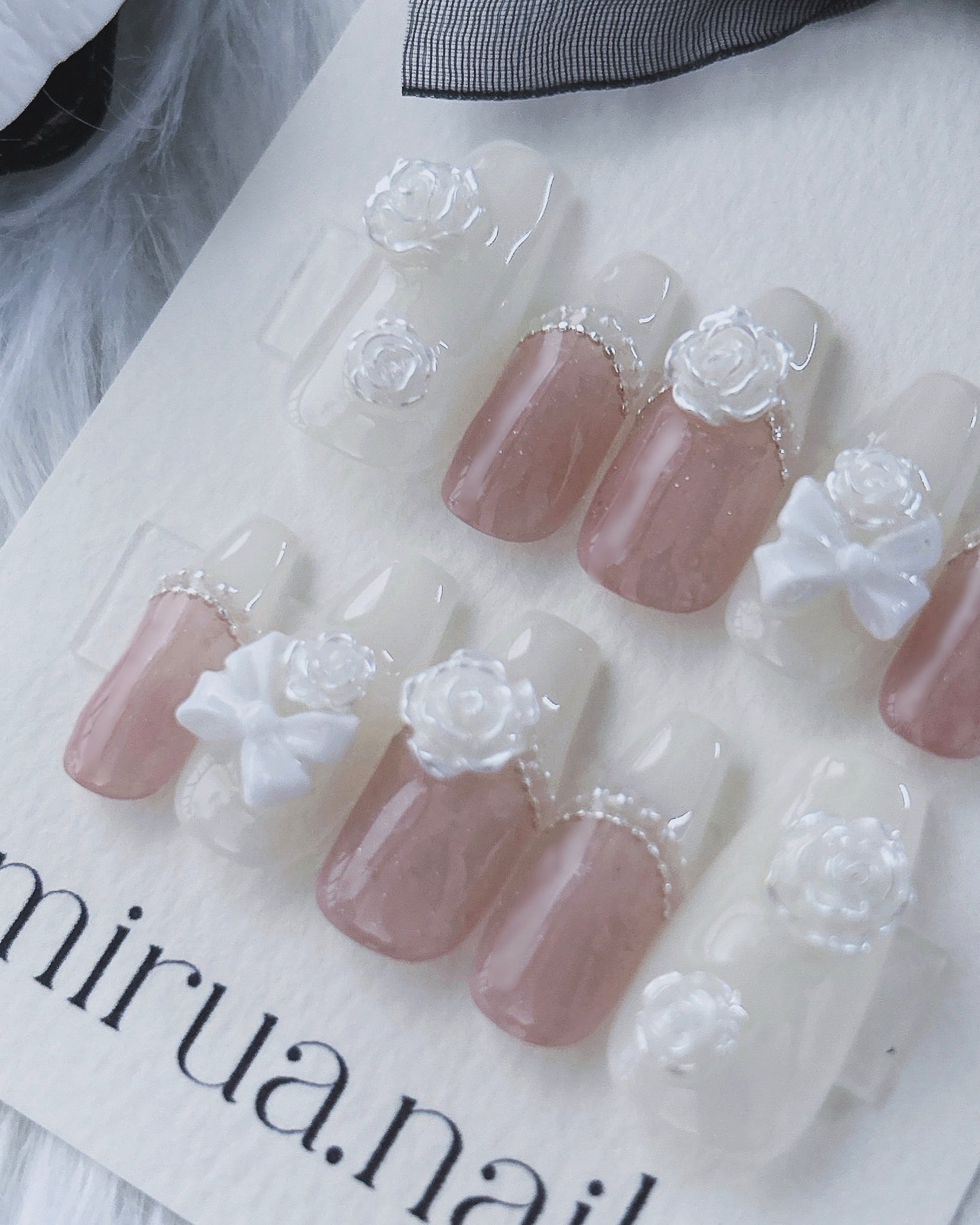 size order】ネイルチップ 薔薇ネイル ホワイトフレンチ バラ ガーリー