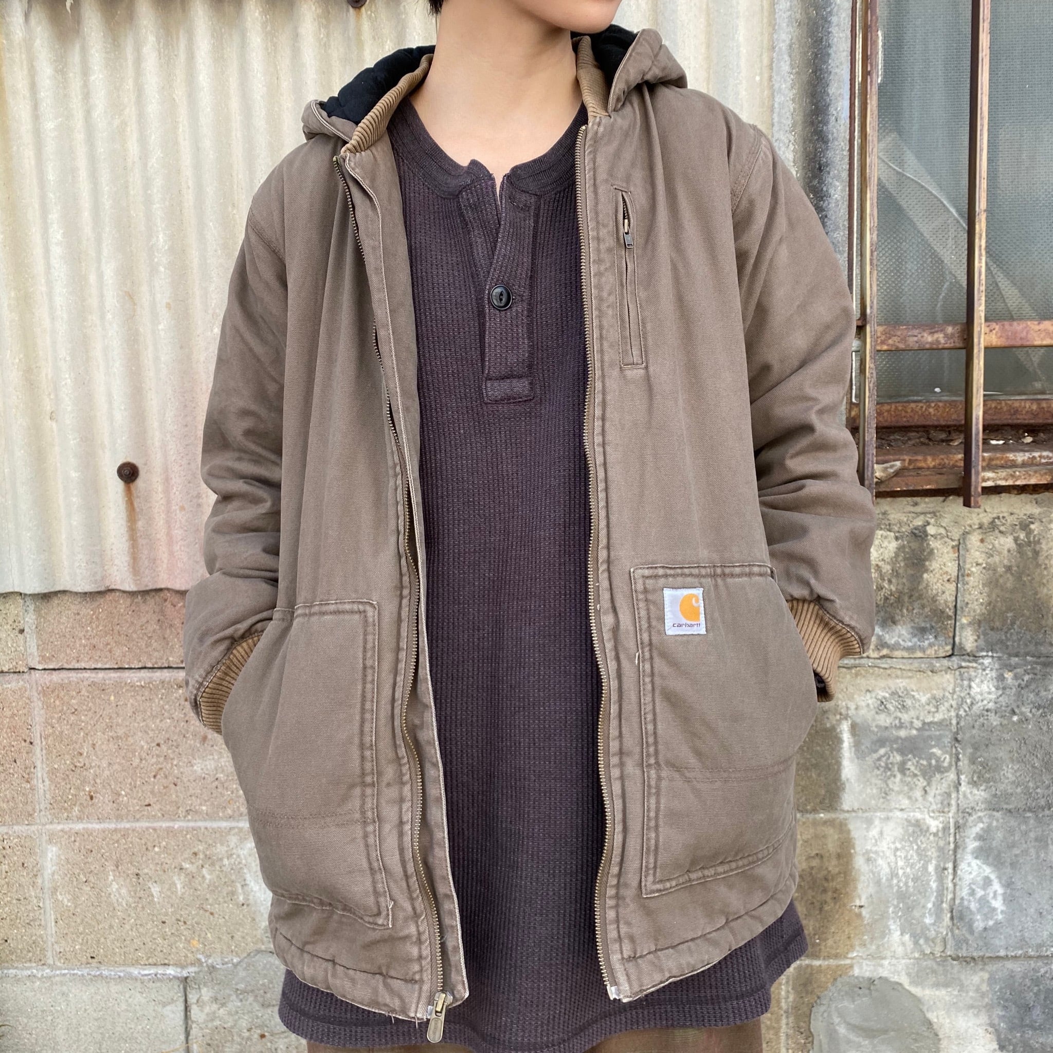 Carhartt カーハート ダック地 フード付き ワークジャケット フルジップパーカー キルティングライナー ブラウン 茶色 キッズ企画  レディースM相当 古着【ワークジャケット】 | cave 古着屋【公式】古着通販サイト powered by BASE