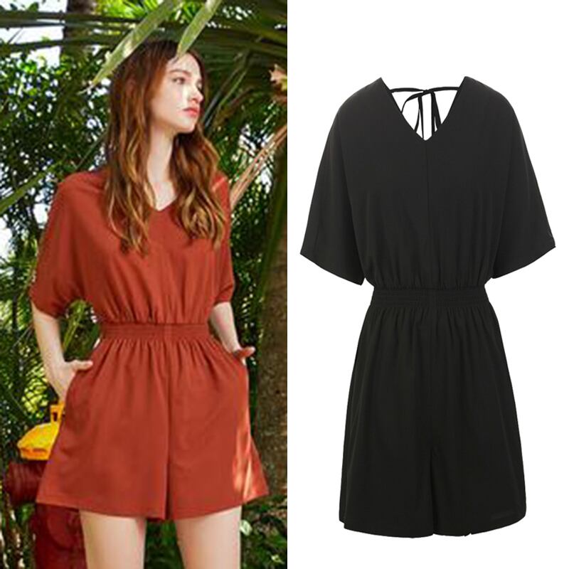 Vネック 後ろリボン 五分袖 サロペット