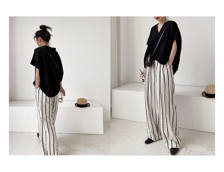 【Massimo dutti】ストライプ柄リネンワイドパンツ リネン ワイドストライプパンツ t-00320 | Riant