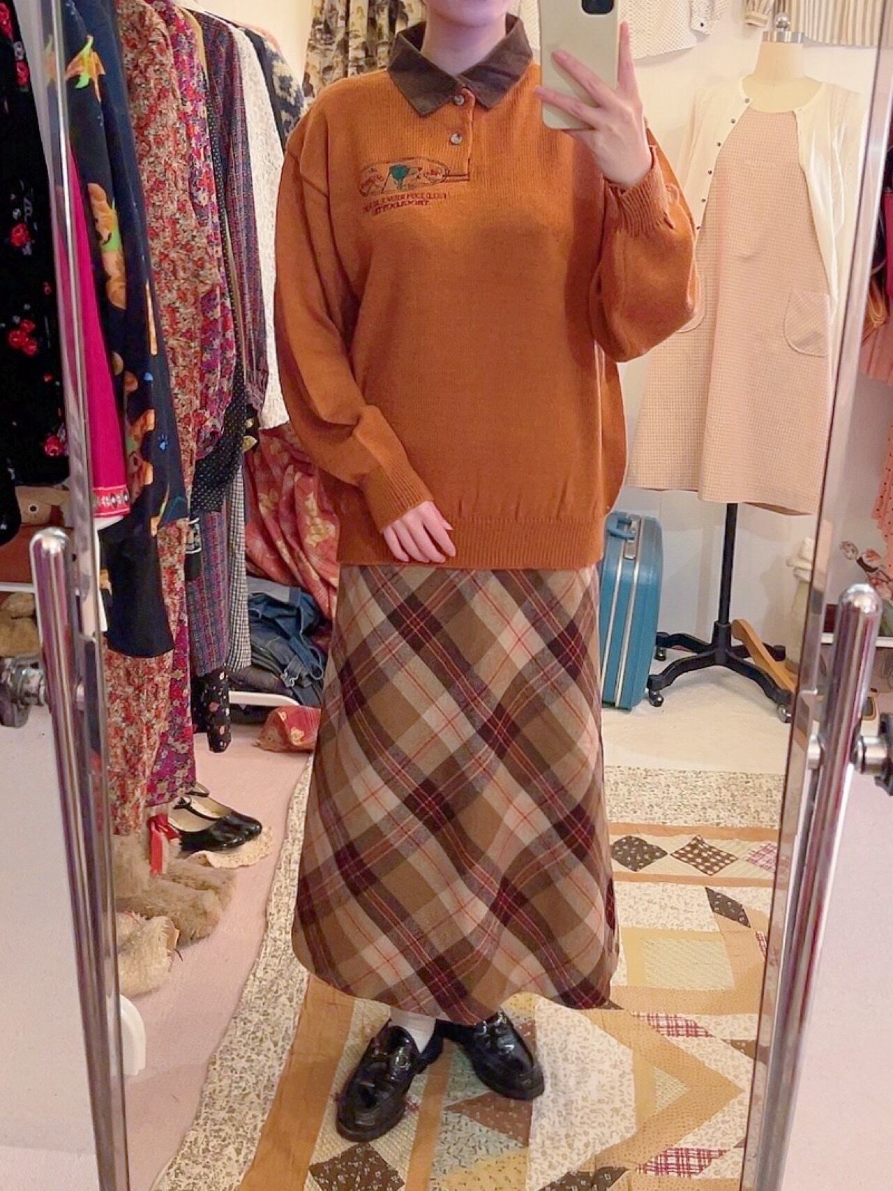 orange check wool long skirt