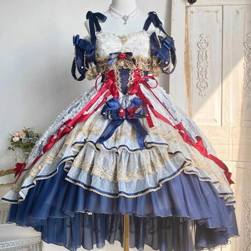 ネイビーゴスロリドレス フリルリボン付き　L380# ゴシックロリィタ ドレス ネイビー×レッド リボン装飾フリル｜WithU