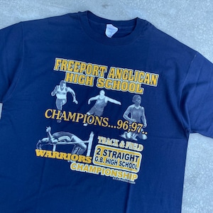 -VINTAGE- 90年代製 FREEPORT ANGLICAN HIGH SCHOOL CHAMPION T-SHIRTS -NAVY- [XL]