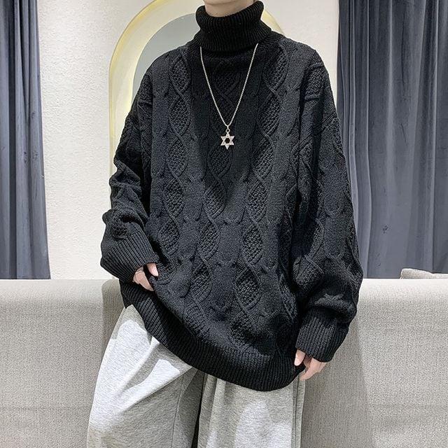 【予約販売】ニット 無地 タートルネック ケーブルニット オーバーサイズ ハイネック メンズ シンプル ブラック ホワイト セーター こなれ感 お洒落 韓国 トレンド 秋冬 M/L/XL/2XL