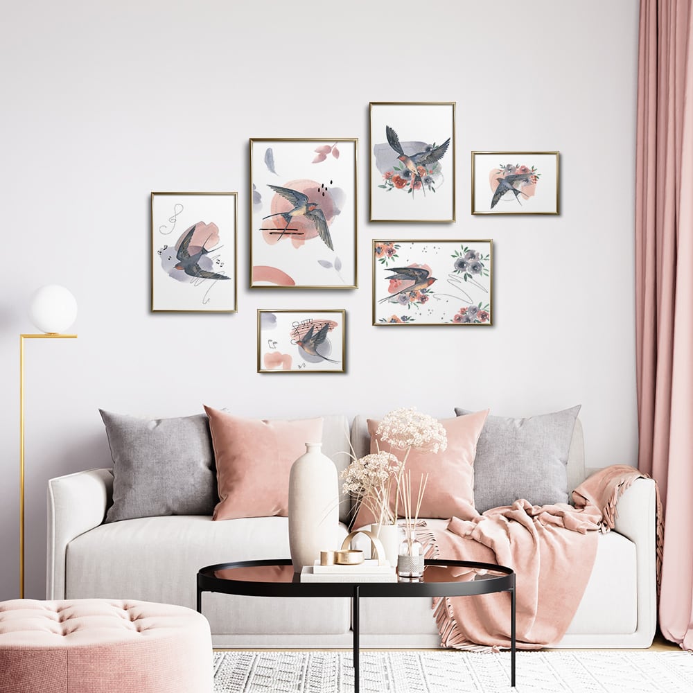 ツバメのポスター / i1342 / 花や音符の水彩画の背景につばめが飛ぶ