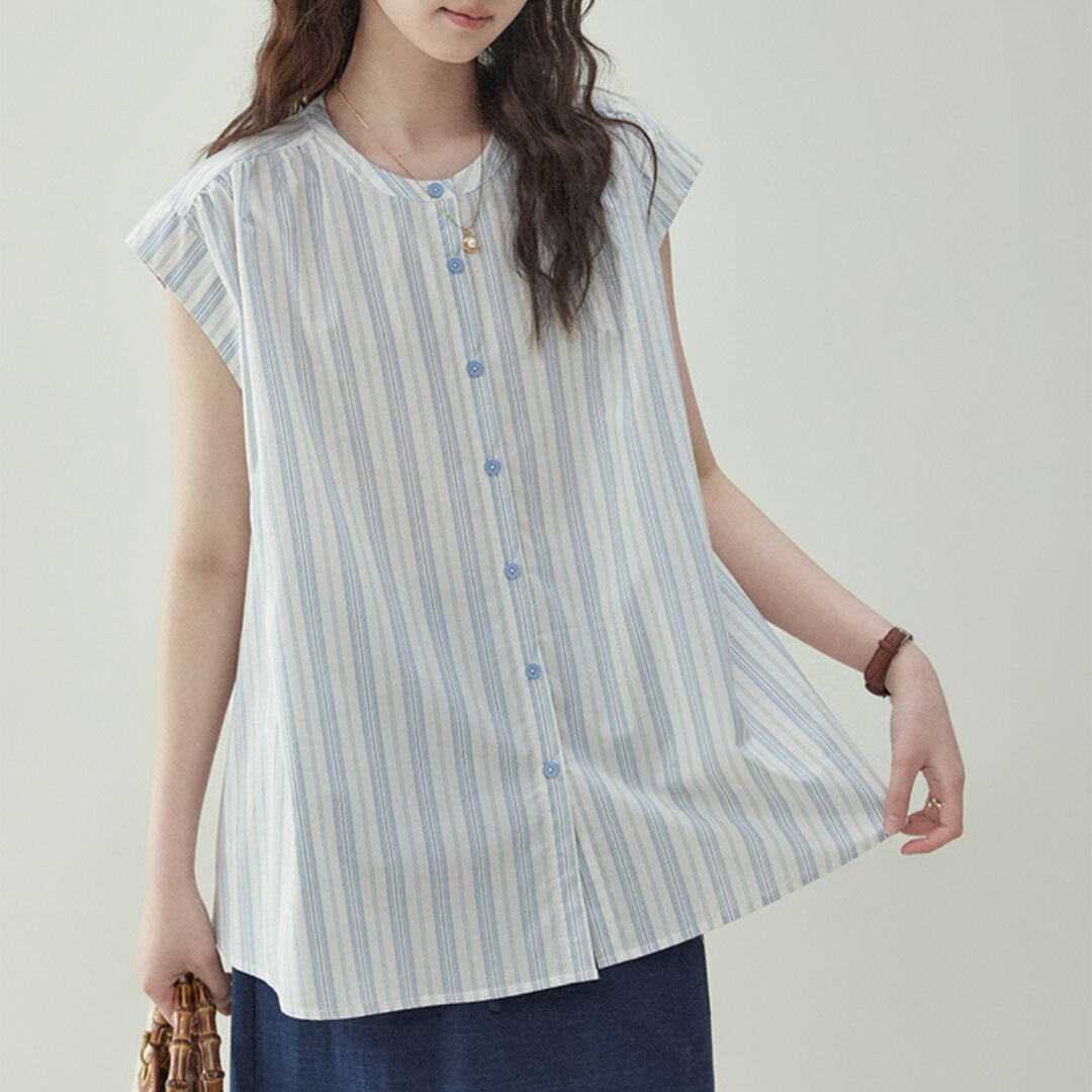 blue vertical striped flying sleeve pure cotton shirt
