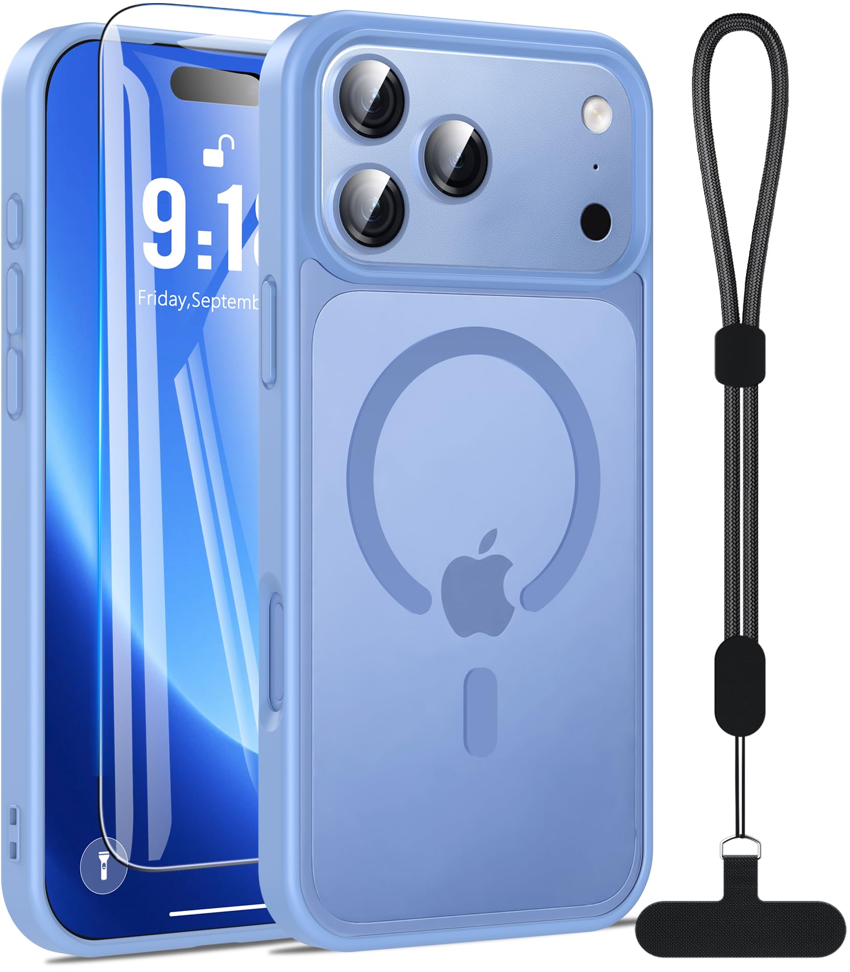 Fin2feel iPhone 18 Pro ケース MagSafe対応 半透明マット 耐衝撃 ストラップ・ガラスフィルム付き ブルー