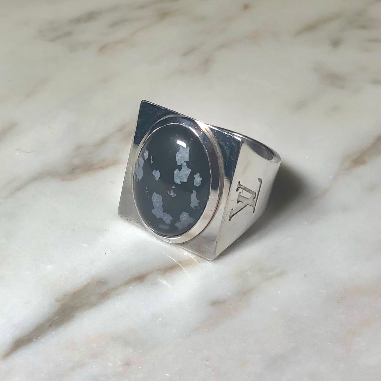 Louis Vuitton Snowflake Collection Silver and Obsidian Men's Ring