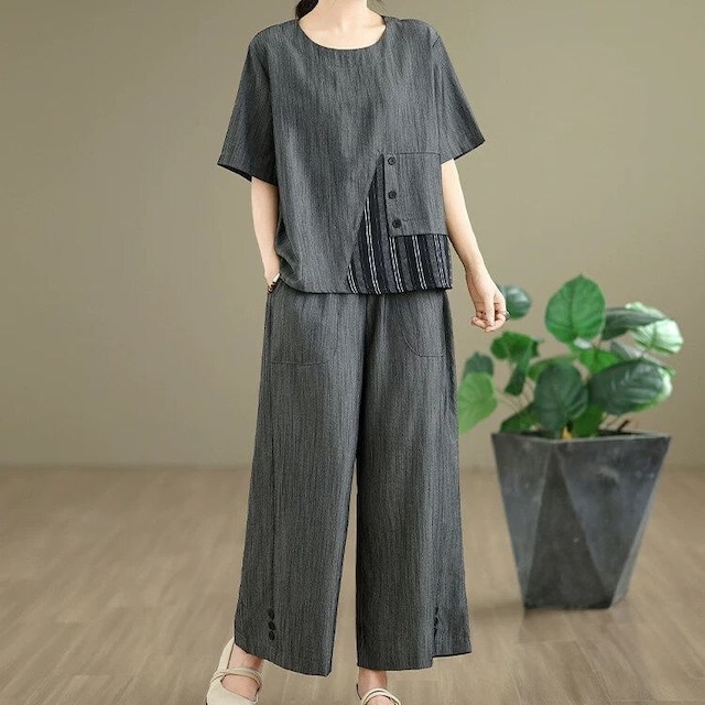 ROUND NECK DESIGN T-SHIRT & WIDE LEG PANTS SET 2pieces 3colors M-16306