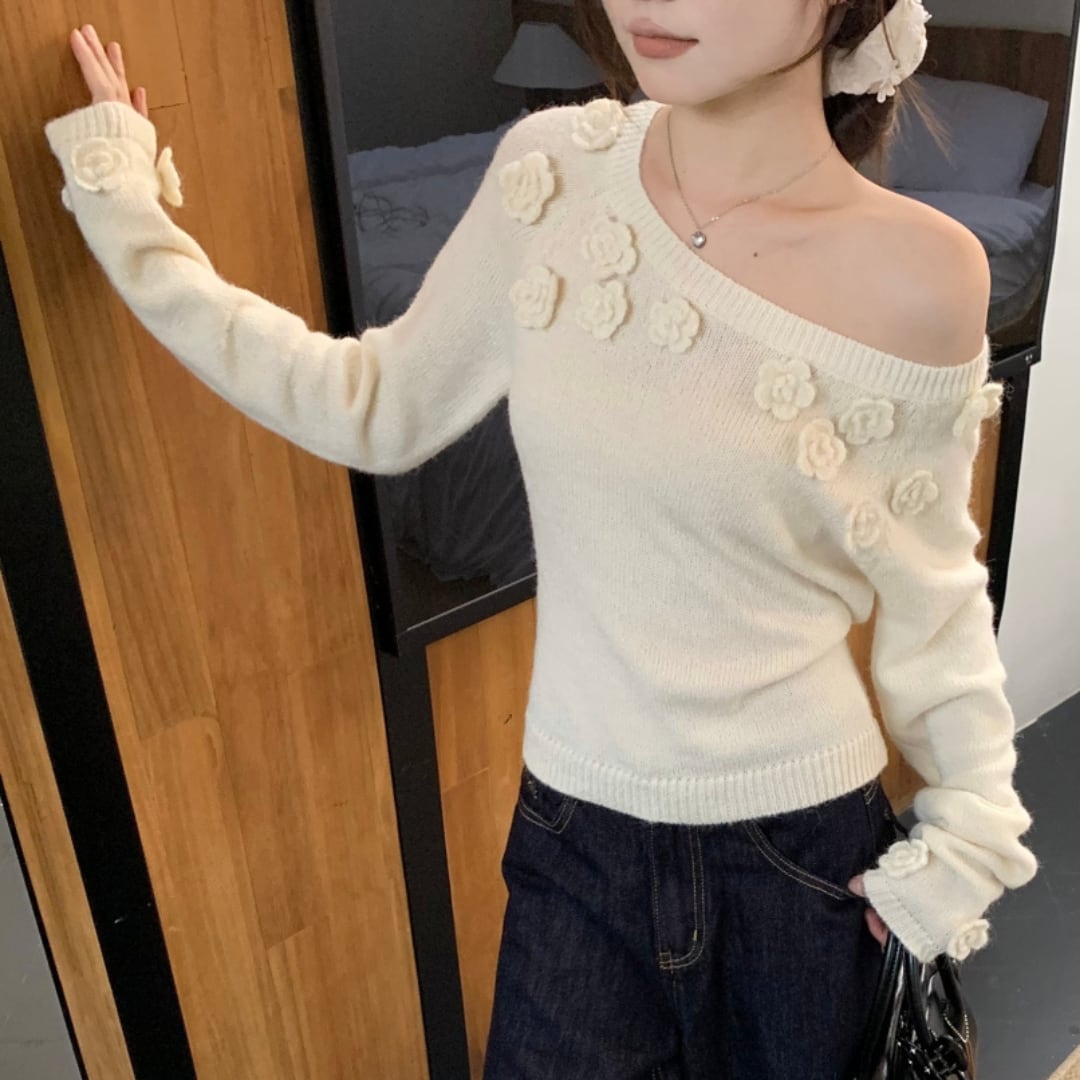 floral diagonal collar sweater 00130