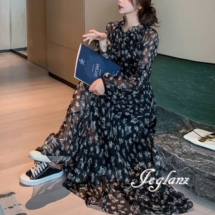 花柄 ロング丈 シフォン ワンピース フリル 肌透け きれいめ ♪( M4684)γα